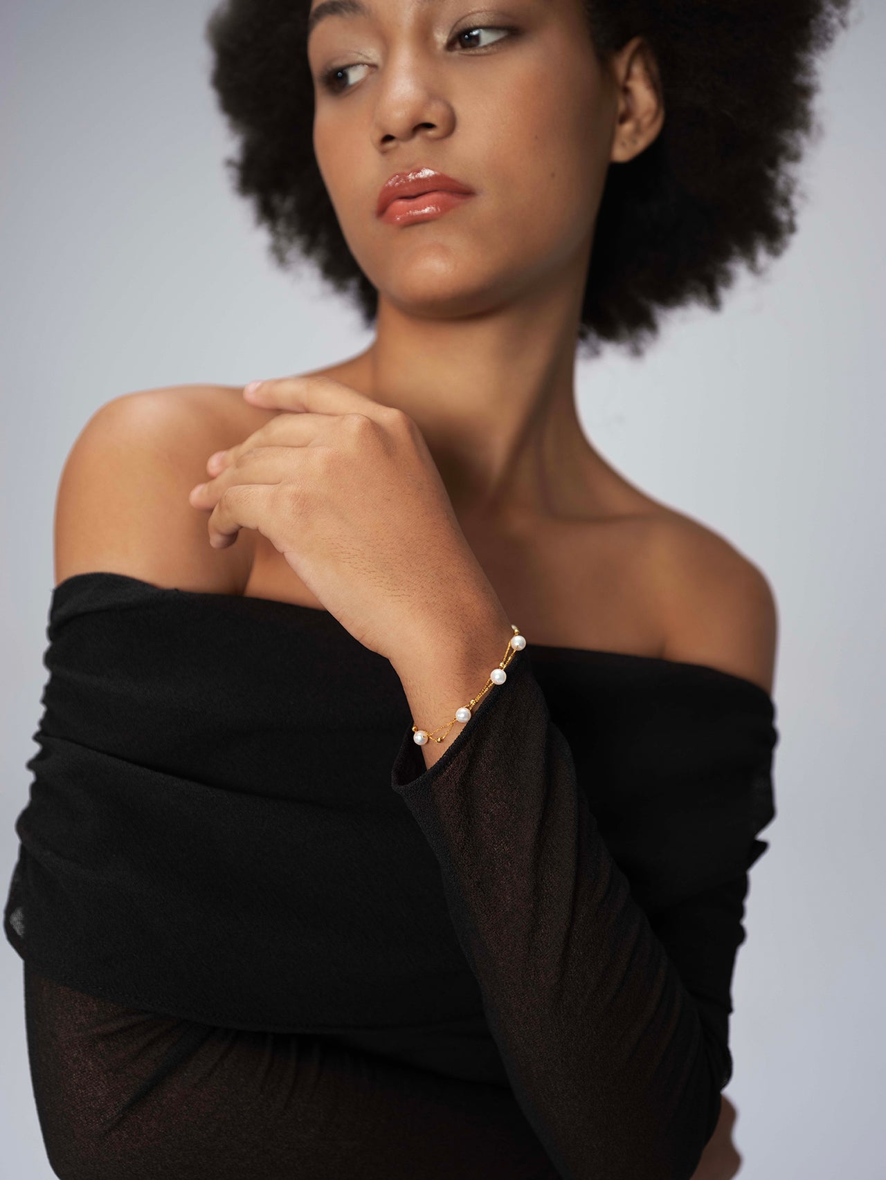 18K Gold Double Chain Pearl Bracelet