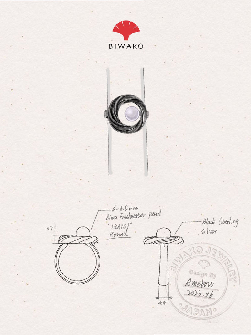 Black Sterling Silver Ring Freshwater Pearl 6.5mm Pearl Size